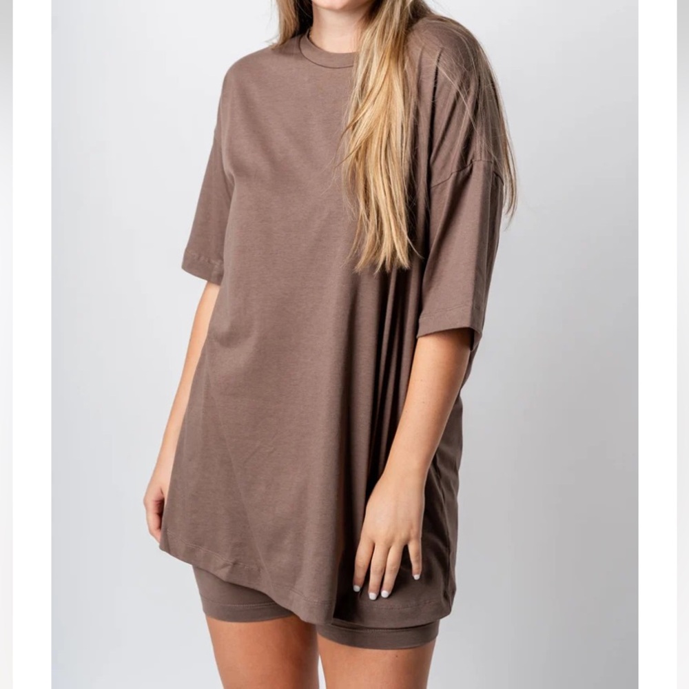 Sweet Genesis Brown 2-Piece Set Oversized Short Sleeve T-Shirt & Biker Shorts